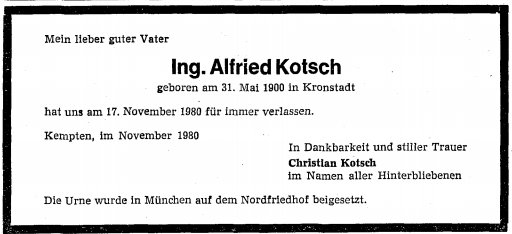 Kotsch Alfried  1900-1980 Todesanzeige